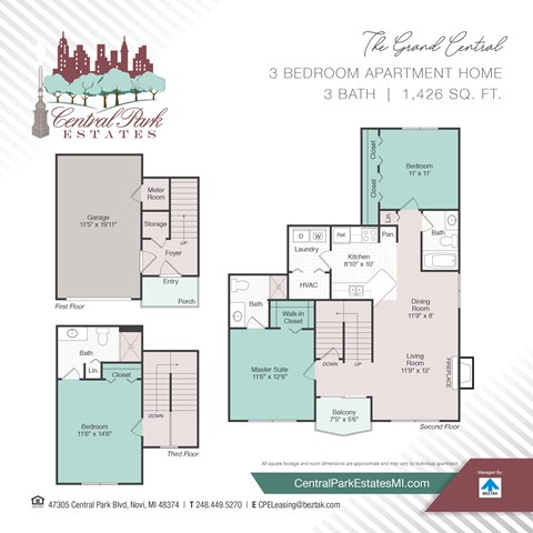 Floor plan for 3 beds, 3 baths, 1426 sqft